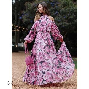Petal and Pup Floral Hilary Pleated Maxi Cold Shoulder Long Sleeve Dress L